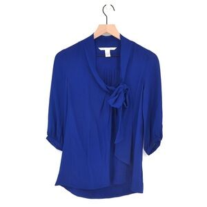 Diane Von Furstenberg Holly Tie Neck Silk Blouse 3/4 Sleeve Cobalt Blue Size 2